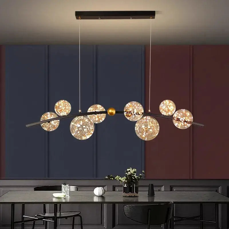 Decorbites led pendant light chandeliers featuring modern spherical glass globes with golden accent beads for indoor use