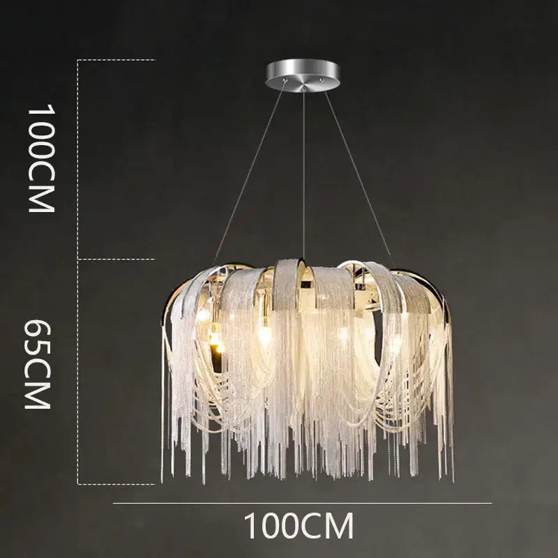DecorBites led pendant light chandelier with cascading white crystal fringe and silver metal frame for modern decor