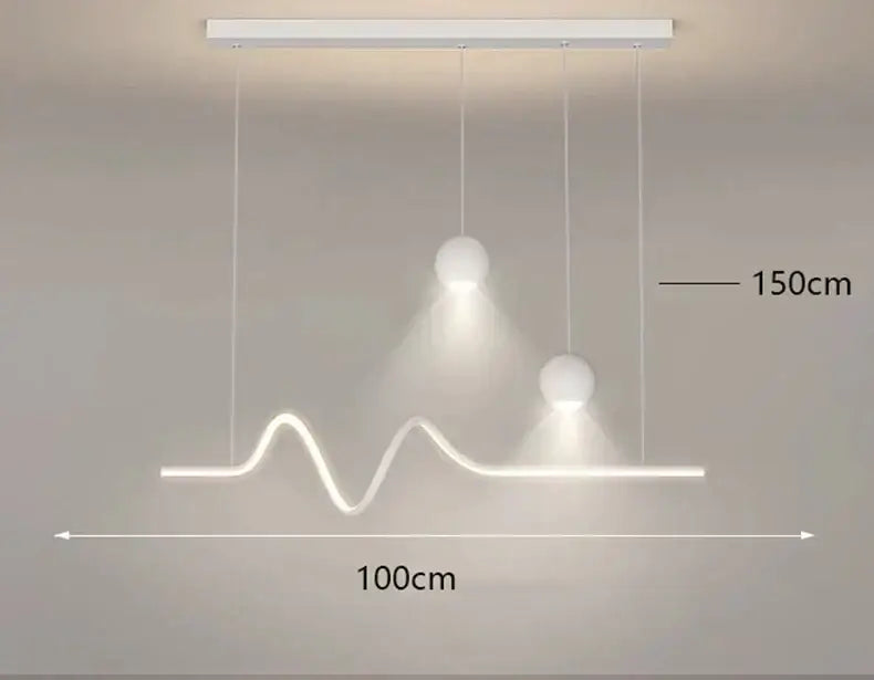Modern white DecorBites LED pendant light chandelier with sleek wave design and two spherical bulbs for indoor lighting