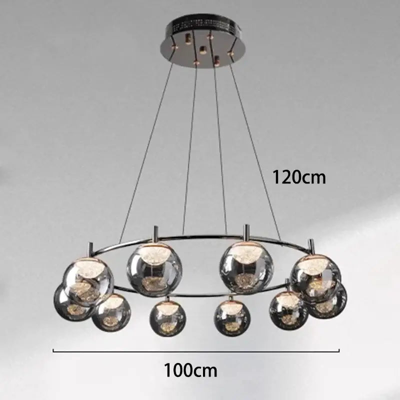 Modern chrome-finished DecorBites LED pendant light chandelier with circular frame and glass globe bulbs for indoor lighting