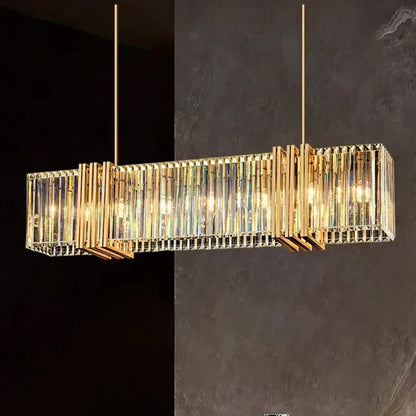 Decorbites led pendant rectangular chandelier with gold tone vertical crystal rods and warm glowing led lights for indoor decor
