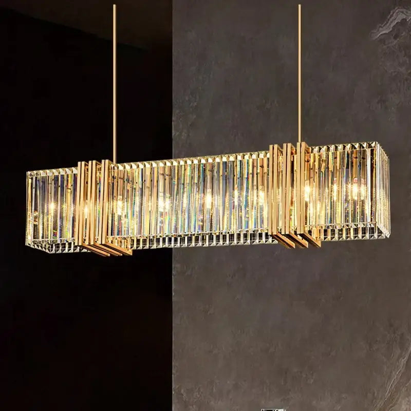 Decorbites led pendant rectangular chandelier with gold tone vertical crystal rods and warm glowing led lights for indoor decor