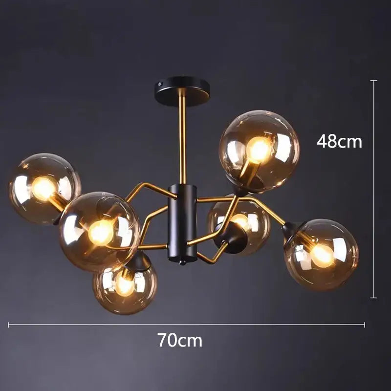 Modern chandelier DecorBites LED pendant light with six amber glass globes on black and gold metal frame pendant lights