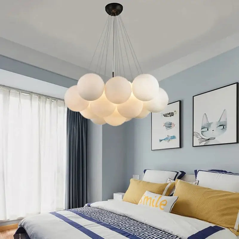 DecorBites led pendant light chandeliers featuring cloud-shaped design with frosted glass spheres and black metal fixture