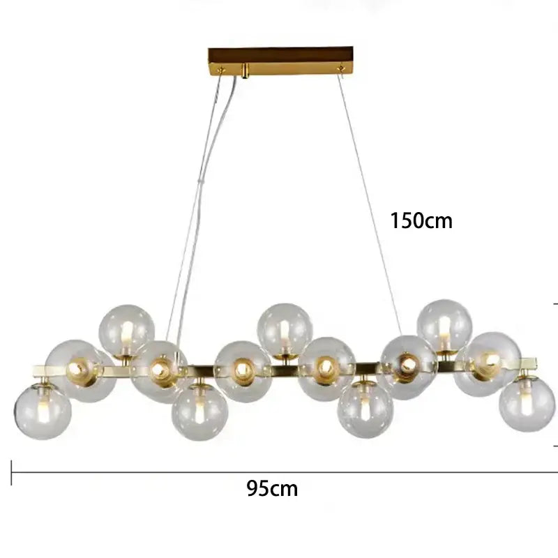 Gold-toned decorbites led pendant light chandelier with clear glass globe bulbs and rectangular ceiling mount for modern decor