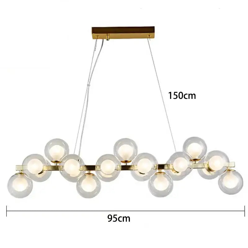 Gold-toned decorbites led pendant light chandelier with clear glass globe bulbs in a linear pattern for modern home decor