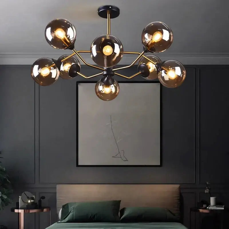 Modern brass decorbites led pendant light chandelier with amber glass globe bulbs for dining room lighting
