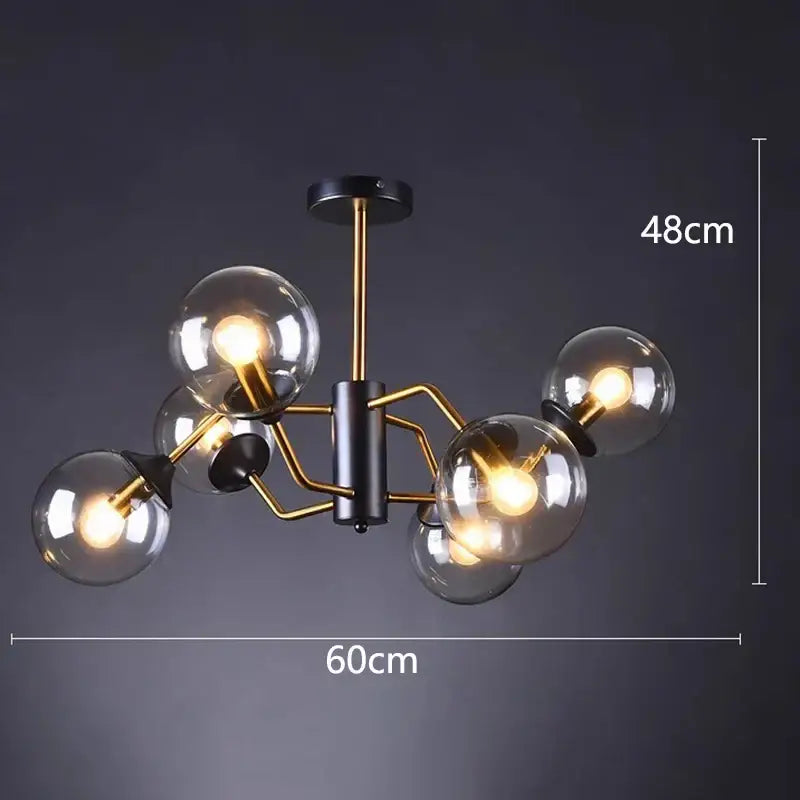 Modern decorbites led pendant chandelier with five clear glass globe shades black and brass metal frame for dining room lighting