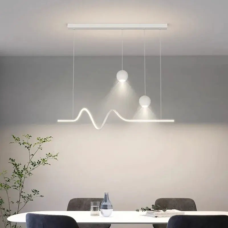 Modern white DecorBites LED pendant light with wave-shaped design and two spherical bulbs for indoor lighting