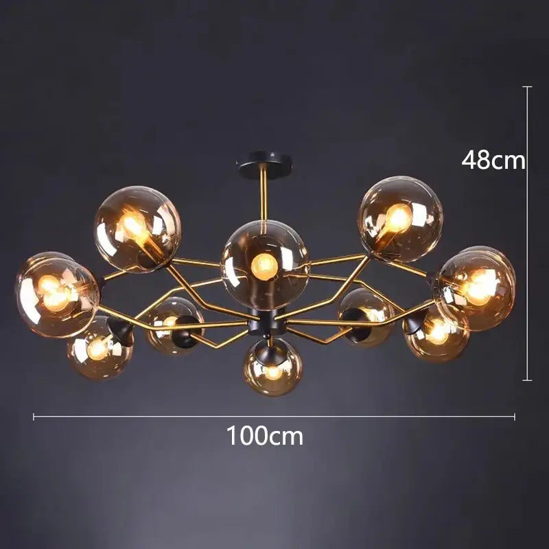 Modern brass and amber glass decorbites led pendant light chandelier with geometric molecular design for dining rooms