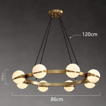 Gold-toned circular DecorBites LED pendant light chandelier with eight frosted glass globe lights and black cords