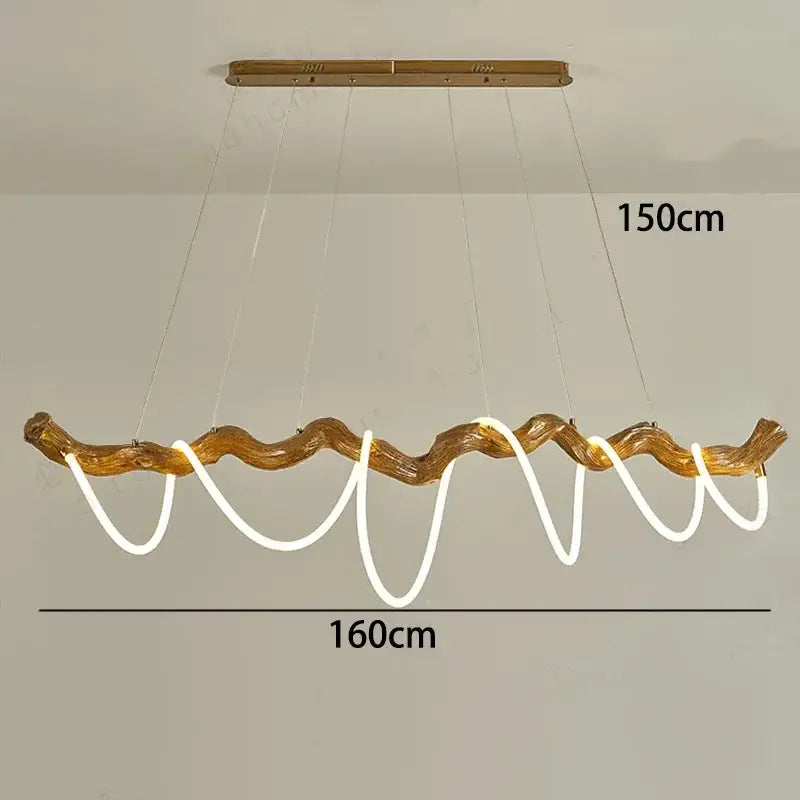 A modern DecorBites LED pendant light with a golden twisted wooden frame and white LED strips forming wavy patterns