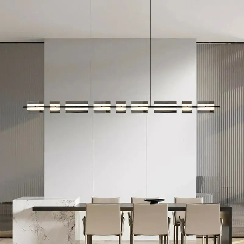 DecorBites led pendant light features a modern minimalist design with a black metal frame and frosted glass panels