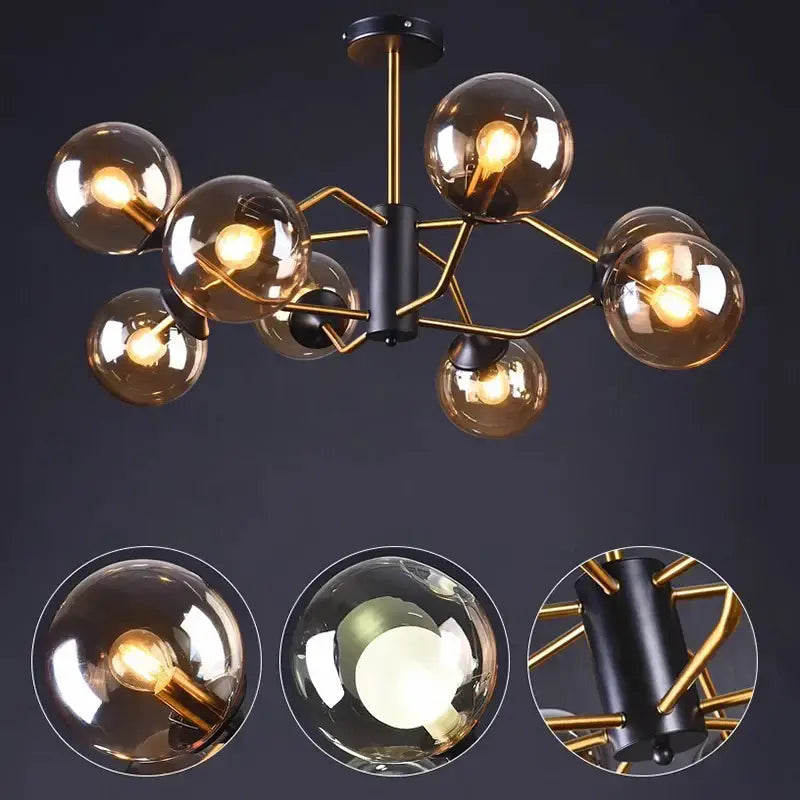 Modern chandelier pendant light with black column gold arms and amber glass globes decorbites led pendant for dining room lighting