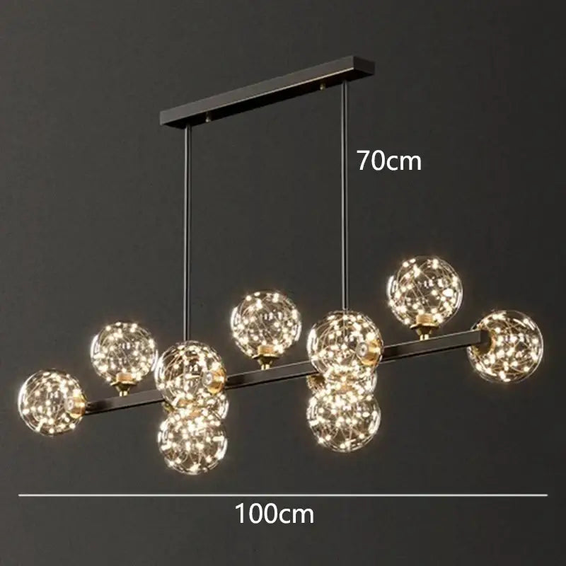 Modern black metal DecorBites LED pendant light chandelier with seven glowing crystal spheres for indoor lighting