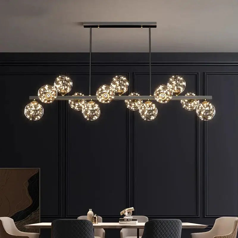 Modern decorbites led pendant light chandelier with black metal frame and multiple spherical glass globes for indoor use