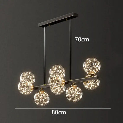 Modern black metal decorbites led pendant light chandelier with seven glowing glass spheres for indoor lighting
