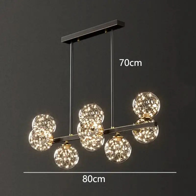 Modern black metal decorbites led pendant light chandelier with seven glowing glass spheres for indoor lighting