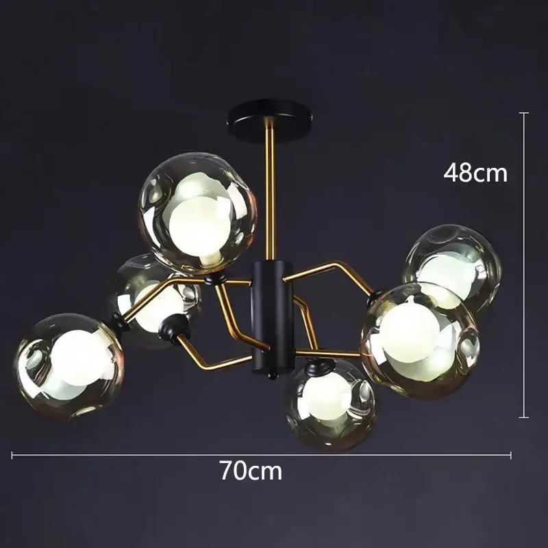 Modern chandelier pendant lights with six reflective glass globes on black and gold metal frame by DecorBites LED pendant