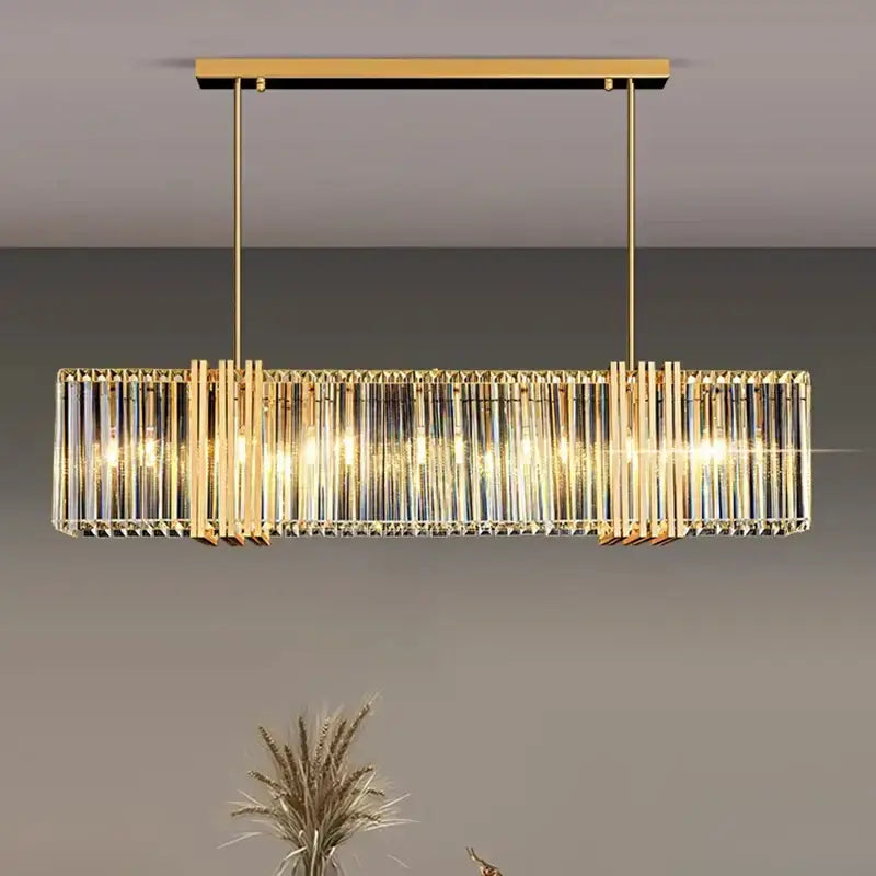 Decorbites led pendant gold-toned rectangular pendant light chandelier with vertical crystal rods and warm glowing lights