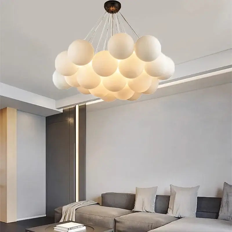 Modern white spherical decorbites led pendant light chandeliers with metallic central fixture for indoor lighting