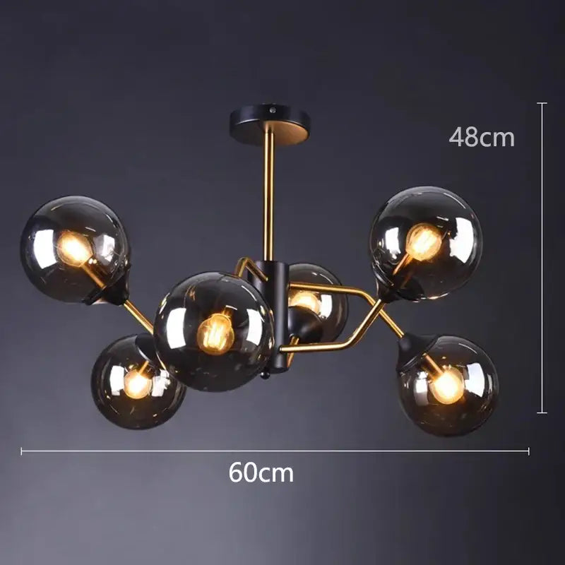Decorbites led pendant light chandelier with five smoked glass globe shades and brass metal arms for modern decor