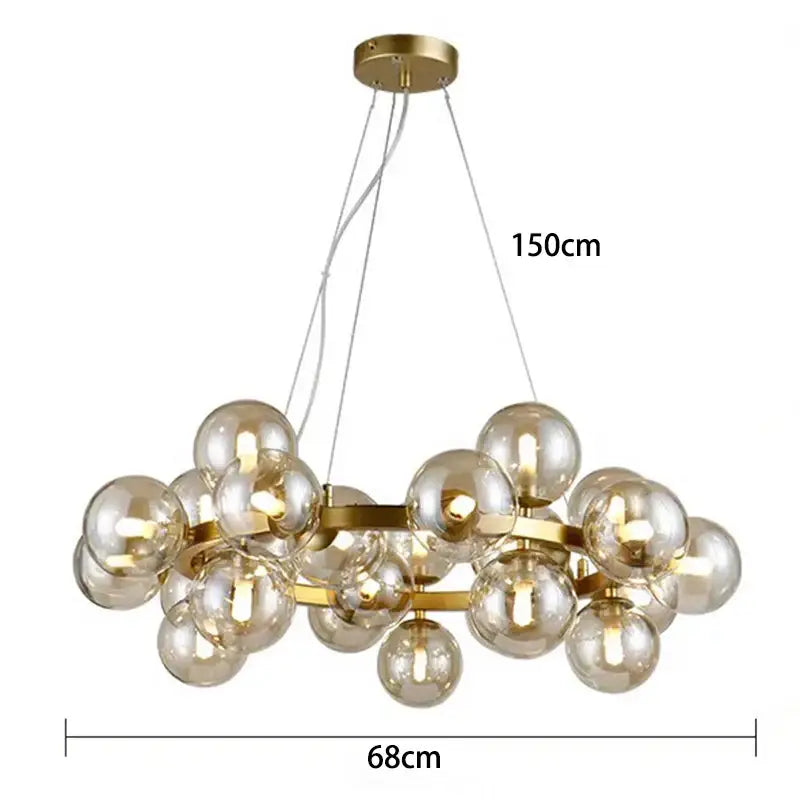 Gold-toned decorbites led pendant light chandelier with frosted glass spheres on brass frame for modern living room lighting