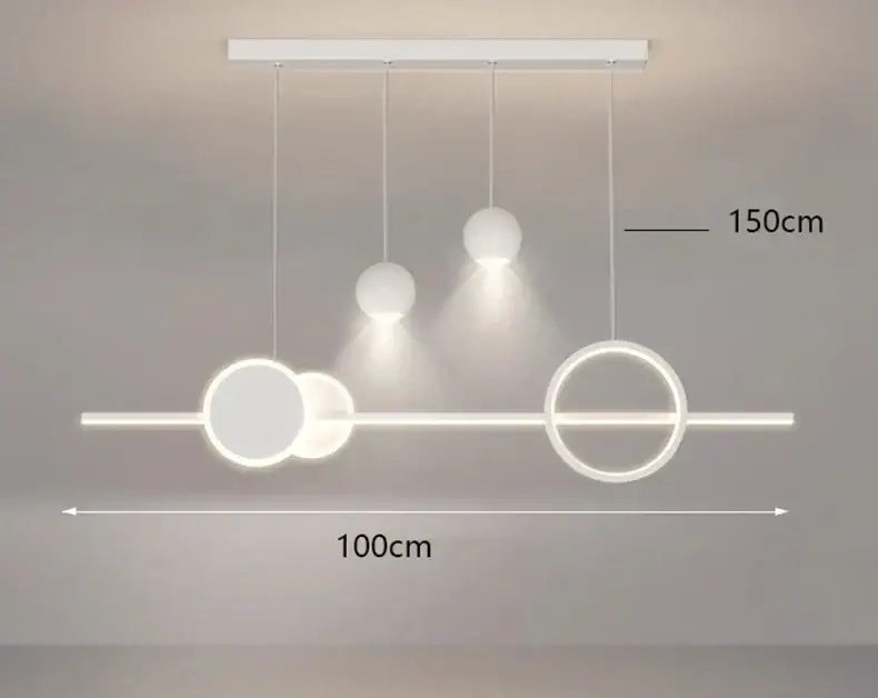 Modern decorbites led pendant light chandelier with white rectangular mount, three globe bulbs, and circular ring accents