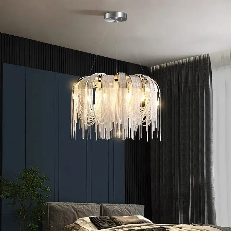 DecorBites led pendant light chandelier with cascading white translucent fringes and sleek silver ceiling mount for modern decor