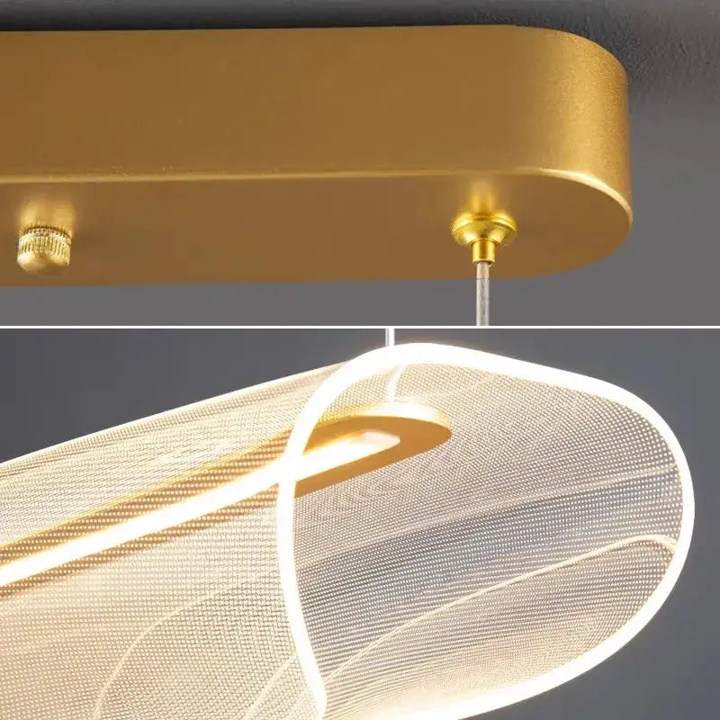 Gold-finished decorbites led pendant light chandelier with elongated rectangular fixture and illuminated mesh shade for modern indoor use