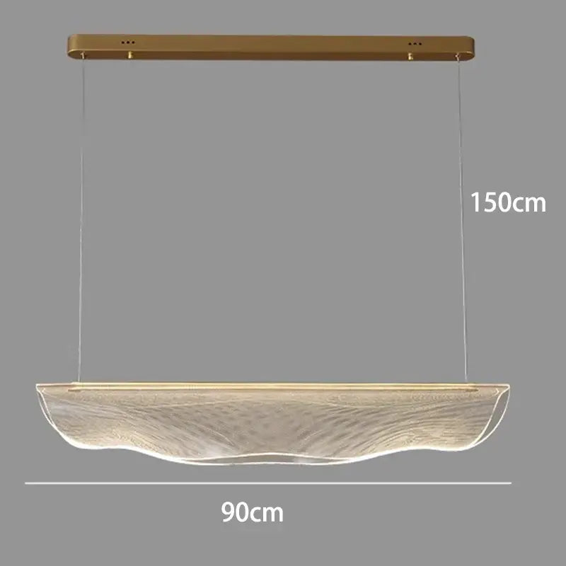 Gold-toned decorbites led pendant light chandelier with wave-shaped glass diffuser and rectangular metal mount for indoor use