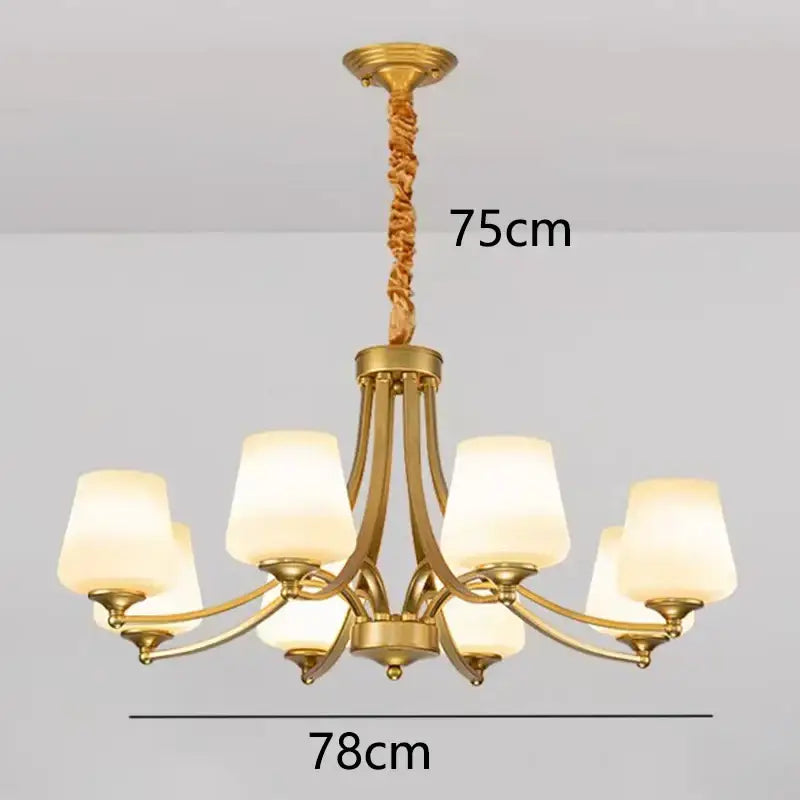 Gold-toned DecorBites led pendant chandelier with six frosted glass shades and twisted rope chain for modern lighting