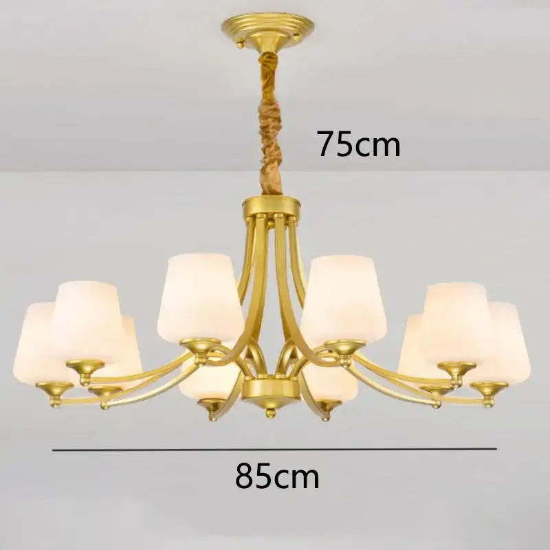 Gold-toned DecorBites led pendant light chandelier with eight frosted glass shades and twisted rope pendant for modern spaces