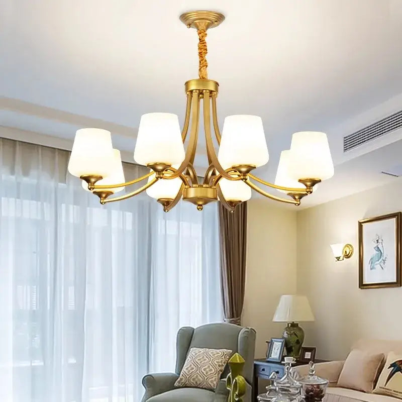 Gold-toned decorbites led pendant light chandelier with six frosted glass shades and twisted rope suspension for modern rooms