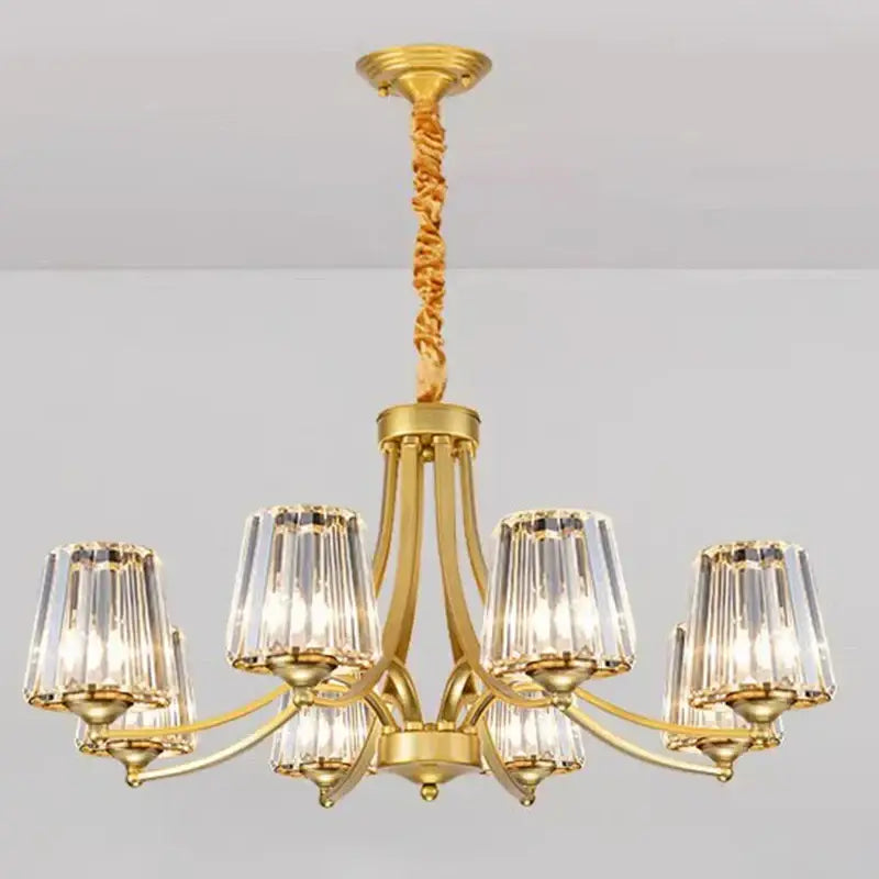 Gold-toned decorbites led pendant light chandelier with six crystal prismatic shades and twisted rope pendant for modern spaces