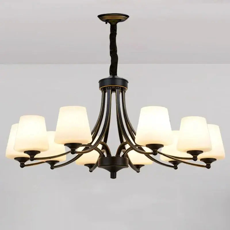 Black wrought iron decorbites led pendant chandelier with eight frosted glass shades for modern living room lighting