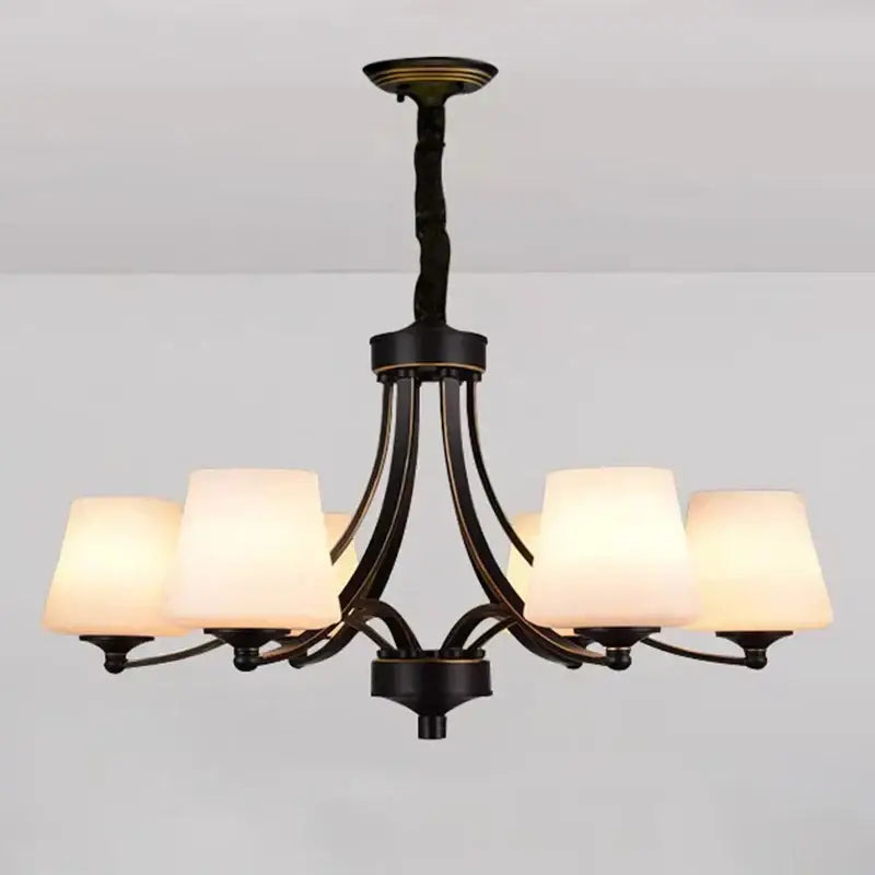 Black wrought iron decorbites led pendant chandelier with five warm frosted glass shades for modern living room lighting