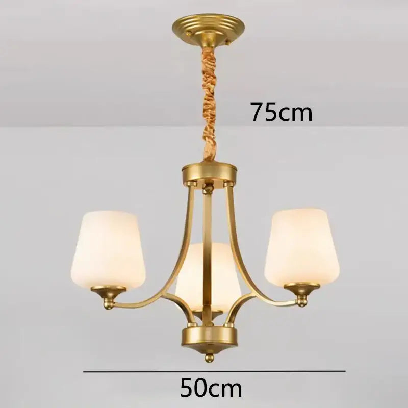 Brass-finished decorbites led pendant light chandelier with three frosted glass shades and twisted rope pendant for modern spaces