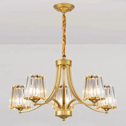 Gold-toned decorbites led pendant chandelier with five crystal-encased lights and twisted brass chain for modern living rooms