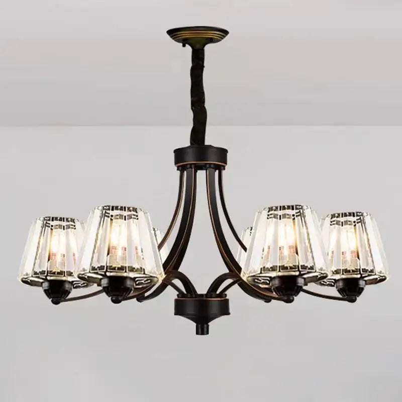 Bronze-finished decorbites led pendant light with five clear faceted glass shades and twisted metal suspension for modern rooms