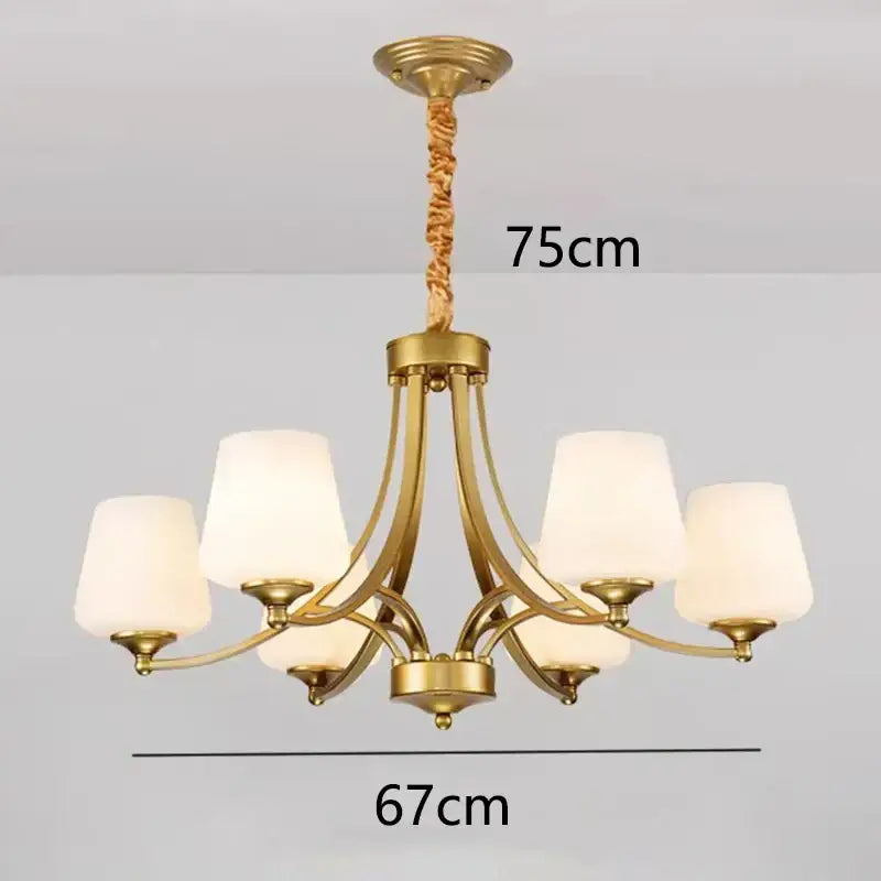 Gold-toned DecorBites LED pendant light chandelier with six frosted glass shades and twisted rope chain for modern spaces