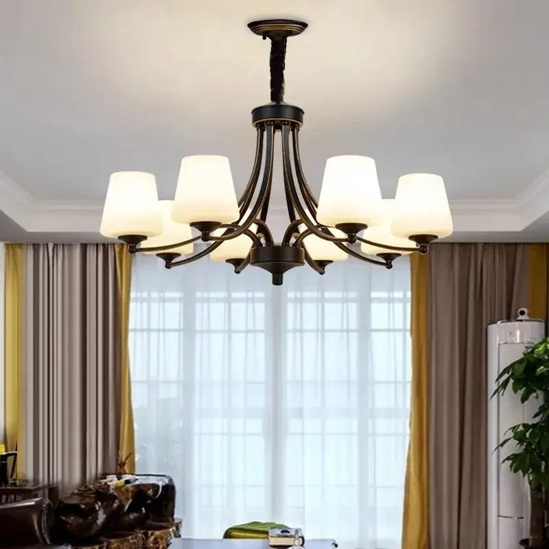 Antique bronze-finished decorbites led pendant light chandelier with six frosted glass shades for modern living