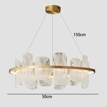 Decorbites led pendant light chandelier with gold-toned frame and clear textured glass for modern living rooms