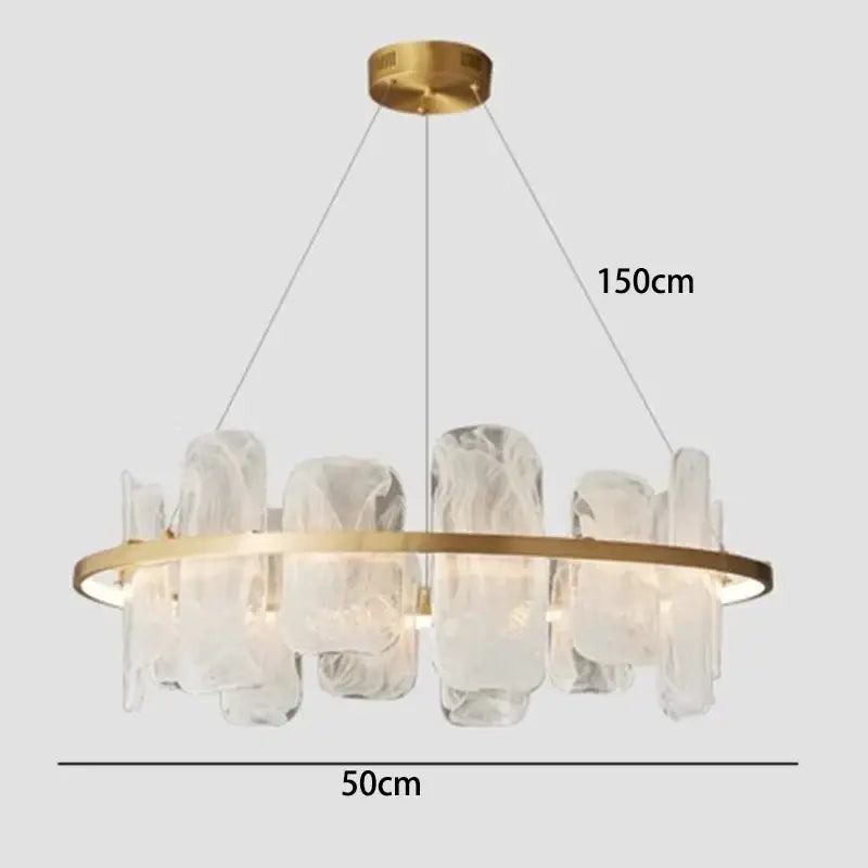 Decorbites led pendant light chandelier with gold-toned frame and clear textured glass for modern living rooms