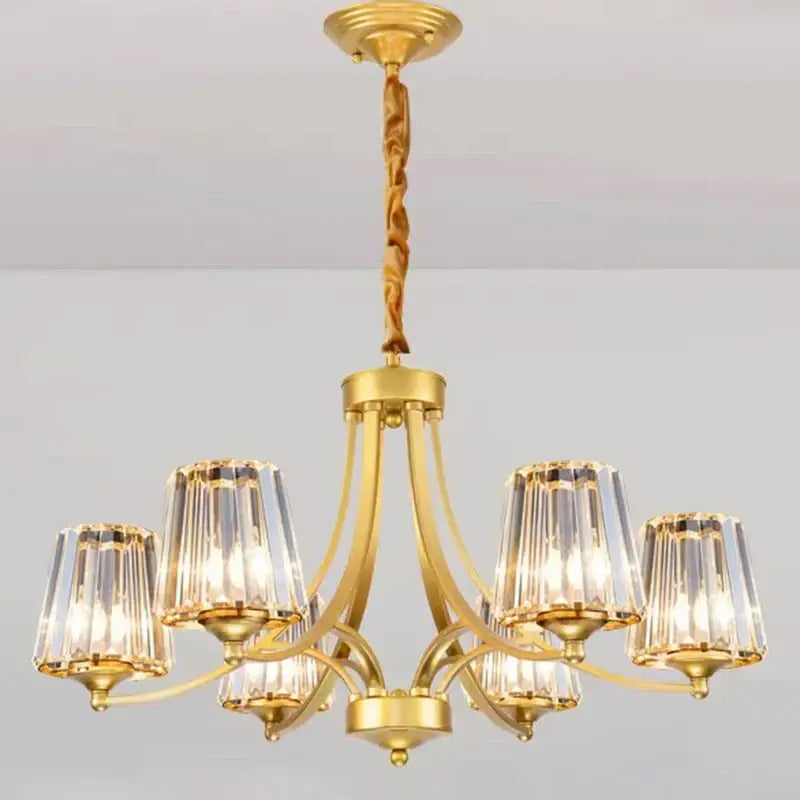 Gold-toned decorbites led pendant chandelier with six crystal-encased lights and twisted brass chain for modern spaces