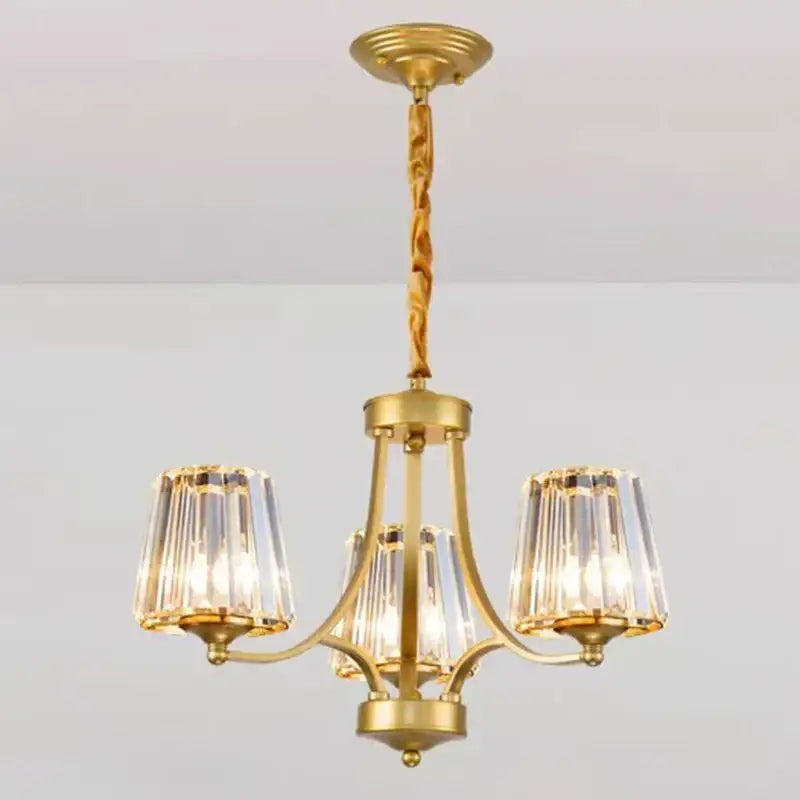 Gold-toned decorbites led pendant light chandelier with three arms and faceted crystal shades for modern living room lighting