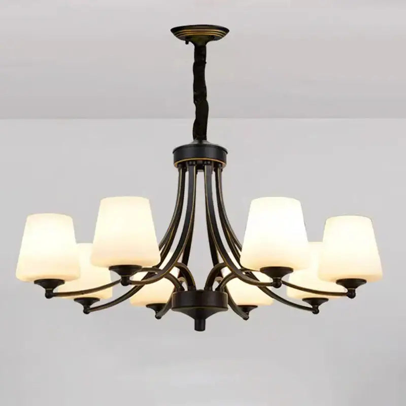 Black wrought iron decorbites led pendant chandelier with six frosted glass shades for modern living and dining rooms