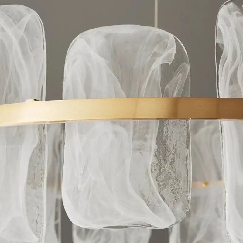 Modern decorbites led pendant light chandelier with frosted glass panels and gold metal frame for living and dining rooms