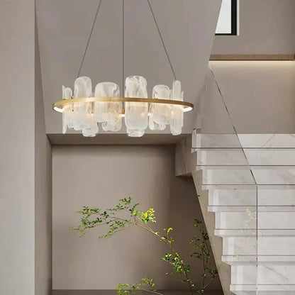 Modern decorbites led pendant light chandelier with gold frame and translucent crystal elements for living and dining rooms