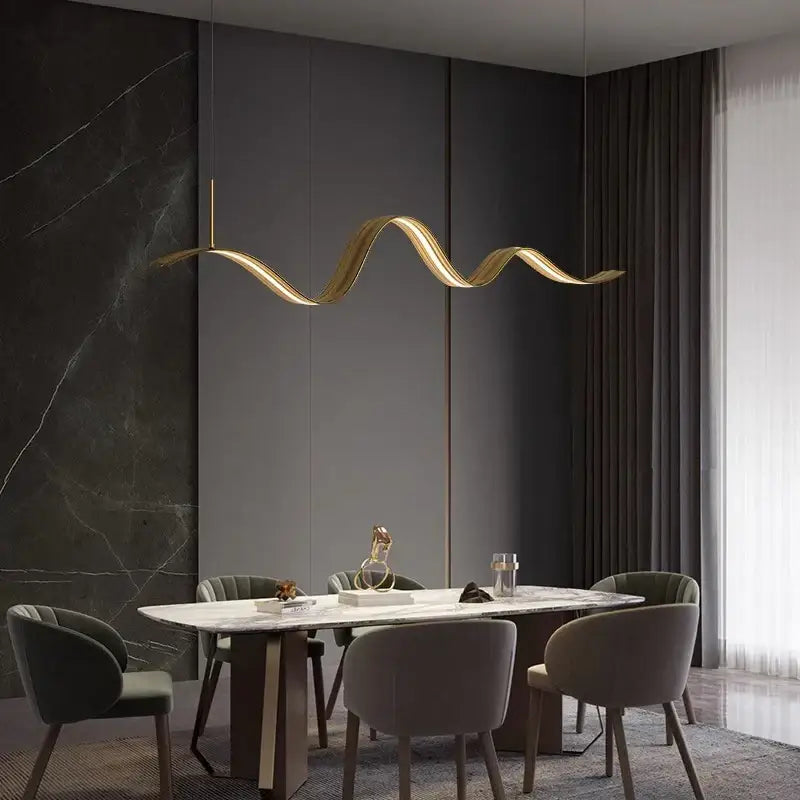 Golden wavy decorbites led pendant light fixture designed for modern living and dining room decor pendant lights
